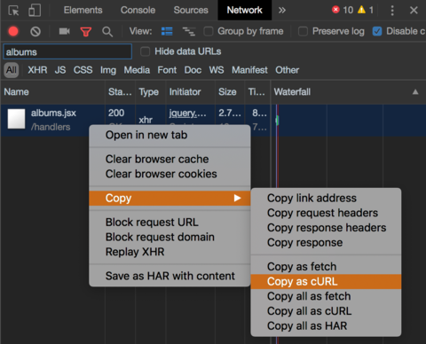 Chrome Dev Tools - копирование запроса